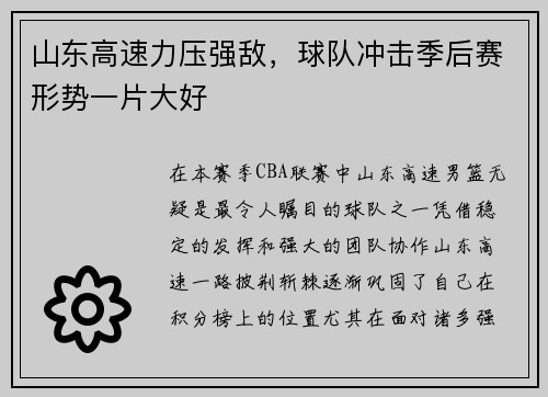 山东高速力压强敌，球队冲击季后赛形势一片大好