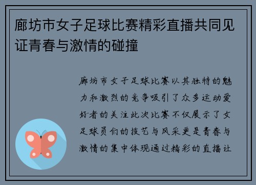 廊坊市女子足球比赛精彩直播共同见证青春与激情的碰撞
