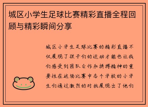 城区小学生足球比赛精彩直播全程回顾与精彩瞬间分享
